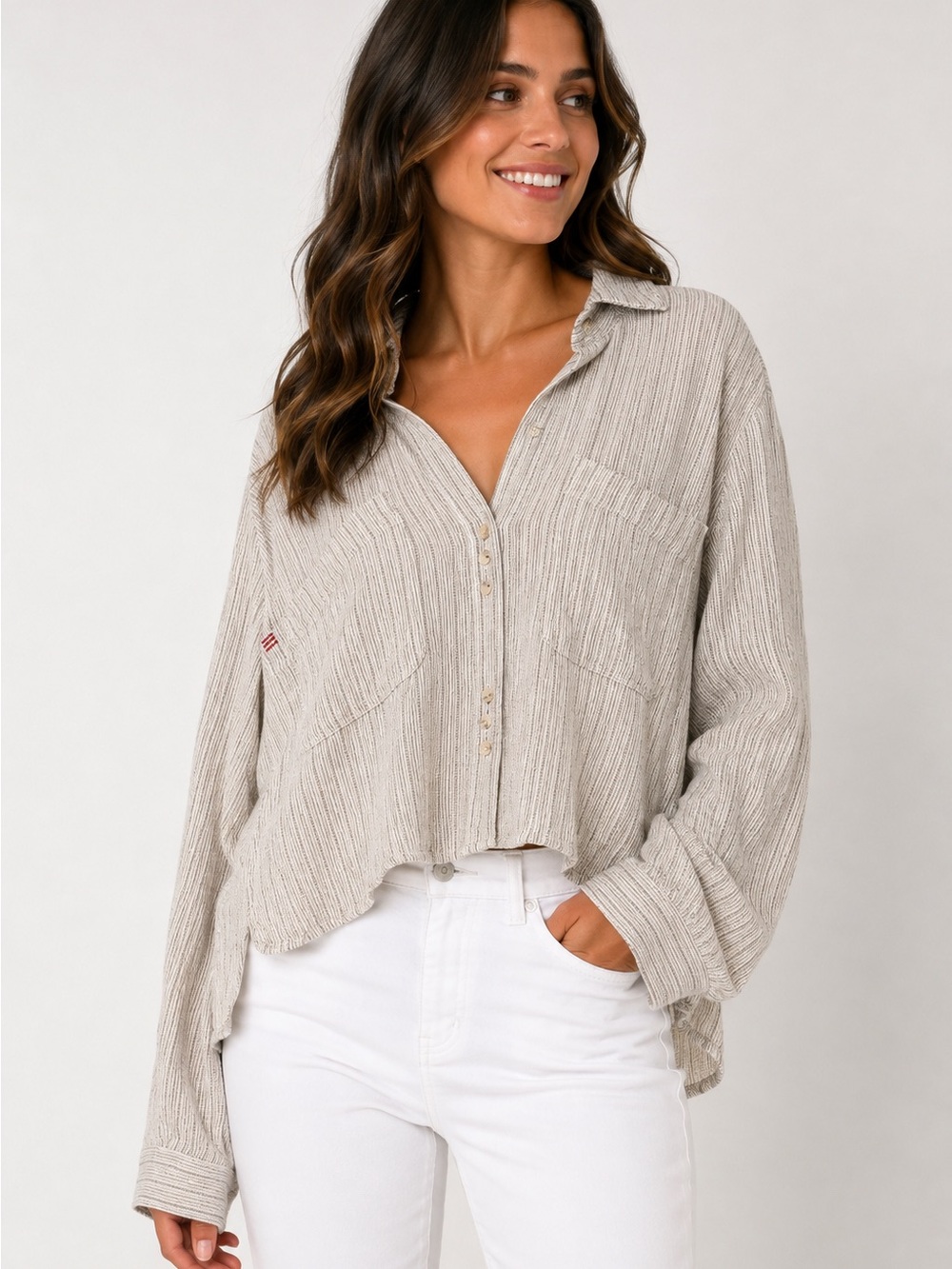BDG Striped Oversized Slouchy Viscose Blend Collared Shirt Grey White Size M